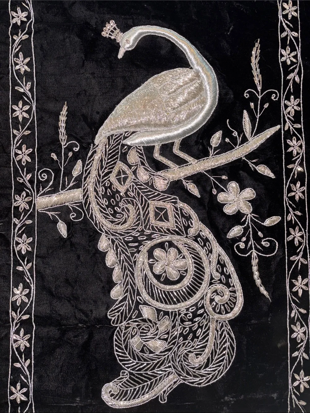 Embroidered Peacock Wall Hanging in Silver on Black